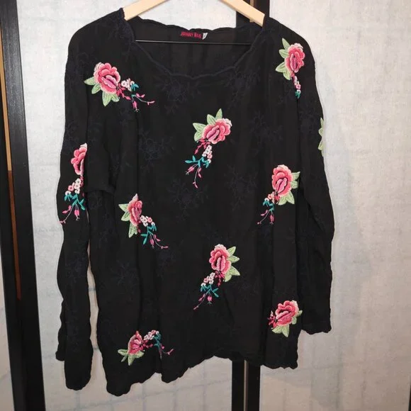 Unique Johnny Was Tunic Floral Long Sleeve Black Embroidered Top XL - Picture 3 of 11